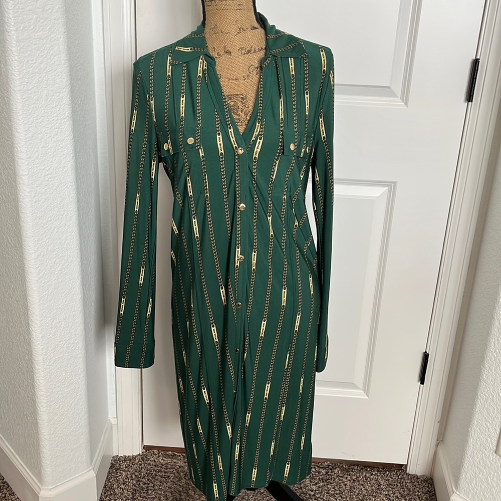 Michael Kors Green and Gold Chain Pattern Button Down Shirt Dress